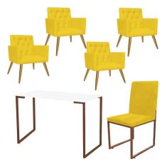 Imagem de Kit Escritório Stan 4 Poltronas Capitonê com Cadeira e Mesa Industrial Branco Bronze Suede Amarelo - Ahz Móveis