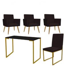 Imagem de Kit Escritório Stan 3 Poltronas com Cadeira e Mesa Industrial Tampo Preto Dourado Tecido Sintético Marrom - Ahz Móveis