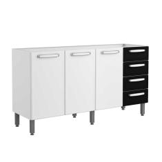 Imagem de Bancada Armário Multiuso Para Cozinha 3 Portas 4 Gavetas Evidence Sem Tampo Branco e Preto