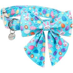 Imagem de DOGWONG Coleira de cachorro de Páscoa de algodão com gravata borboleta, macia, ajustável, azul, coelho, dia da Páscoa, coleira de cachorro de ovo fofo para cães pequenos, médios e grandes
