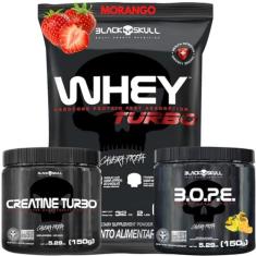 Imagem de Whey Protein Concentrado + Creatina Monohidratada 150g + Pré-Treino B.O.P.E 150g - Kit Black Skull Para Ganho de Massa e Força (Whey Turbo Morango - B.O.P.E Frutas Amarelas)