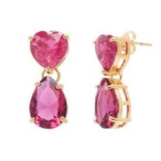 Imagem de Brinco Com Pedra Fusion Coração E Gota Rosa Folheado A Ouro 18k