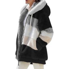 Imagem de Ablita Jaqueta feminina de pele sintética, casaco de inverno, casaco de pelúcia contrastante, casaco acolchoado com fecho de zíper, casaco com capuz para mulheres