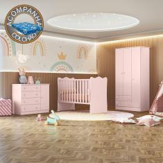 Imagem de Quarto de Bebê Doce Sonho Completo com Cômoda Sapateira Qmovi Rosa Acetinado + Colchão Ortobom