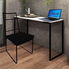 Imagem de Kit Escritório Stark Cadeira e Mesa Industrial Ferro Preto Tampo MDF Branco Suede Preto - Ahz Móveis