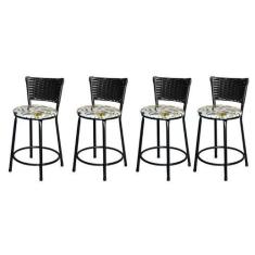 Imagem de Jogo 4 Banqueta Baixa Para Cozinha Ratan Preta Estofado Floral - Lamar