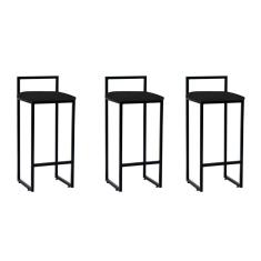 Imagem de Kit 3 Banquetas Altas Industriais Em Aço Dori Preto Assento Suede Preto - Cor: Preto