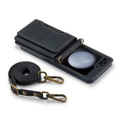 Imagem de Carteira crossbody cordão capa de telefone para Samsung Galaxy Z Flip 5 4 3 Flip5 Flip4 Flip3 5G porta cartão bolsa capa de couro, preta, para Galaxy Z Flip5