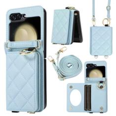 Imagem de Capa de telefone com cordão crossbody para Samsung Galaxy Z Flip 5 4 3 Flip5 Flip4 Flip3 5G Anel espelhado porta-cartão capa de couro, azul, para Galaxy Z Flip4