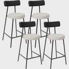 Imagem de Kit 04 Banquetas Baixa Cozinha Sala Jantar Milão L02 Couríssimo Preto Linho Champagne - Lyam Decor