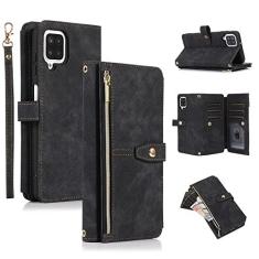Imagem de UEEBAI Capa para Samsung Galaxy A12 5G/Samsung Galaxy M12, 9 compartimentos para cartões, carteira de couro à prova de choque, capa flip com alça de mão, compartimentos para cartões, bolso com zíper,