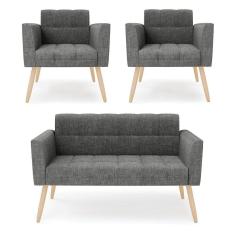 Imagem de Kit 1 Sofá Namoradeira E 2 Poltronas Elisa Linho Pés Palito Natural - D`rossi Cor A26 Grafite