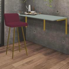Imagem de Kit Mesa Suspensa de Parede Fixa mdf Verde Oliva + 1 Banqueta Lexi Ferro Dourado Suede Bordô - Ahazzo Móveis