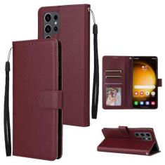 Imagem de Capa carteira para Samsung Galaxy S24 Ultra, 3 compartimentos para cartão e 1 compartimento para dinheiro com suporte, capa protetora clássica de couro com alça magnética flip para Samsung S24 Ultra