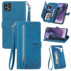 Imagem de Furiet Capa carteira compatível com Motorola Moto G Stylus 4G 2023 com cordão de pulso e suporte de cartão flip de couro, acessórios de celular, capa de celular para mulheres GStylus azul