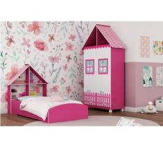 Imagem de Quarto Infantil com Cama e Guarda-roupa Casinha Gelius Móveis Pink Ploc/Branco