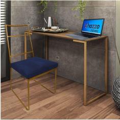 Imagem de Kit Escritório Stark Cadeira e Mesa Industrial Ferro Dourado Tampo MDF Castanho Suede Azul Marinho - Ahz Móveis