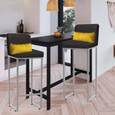 Imagem de Kit 02 Banqueta Alta com Encosto Lucca Industrial Cozinha Balcão Ferro Prata Suede Cinza e Almofada Amarelo - Ahazzo Móveis