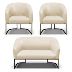 Imagem de Sofá Namoradeira e 2 Poltronas Base Industrial Preto Stella Corino Bege D03 - D`Rossi