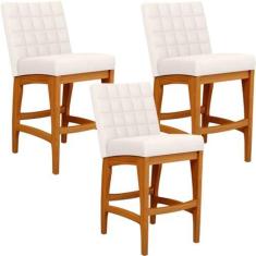 Imagem de Kit 03 Banquetas Baixa Para Cozinha Bancada Bar Sala de Jantar Fixa Mila L02 Linho Cru - Lyam Decor