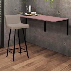 Imagem de Kit Mesa Suspensa de Parede Fixa MDF Rosa + 1 Banqueta Lexi Ferro Preto Corino Bege - Ahazzo Móveis