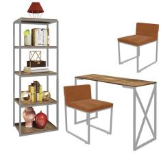 Imagem de Kit Escritório Bex 2 Cadeiras Suede Terracota com 1 Mesa e 1 Livreiro Ferro Cinza MDF Imbuia - Ahazzo Móveis