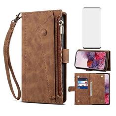 Imagem de Capa de telefone para Samsung Galaxy S20 Plus S20+ 5G Capa carteira com protetor de tela de vidro temperado e alça transversal de ombro para pulso flip zíper suporte para cartão S20+5G S20plus 20S +