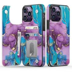 Imagem de Goodon Capa carteira para iPhone 14 Pro - Capa flip de couro com design floral moderno, 4 compartimentos para cartão e função de suporte, capa protetora elegante para mulheres e meninas - Mármore roxo