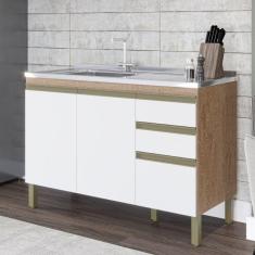 Imagem de Balcão de Cozinha Para Pia 120cm 3 Portas 2 Gavetas 100% MDF Madri Espresso Móveis Castanho/Branco