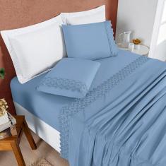 Imagem de Jogo Cama Lençol Bouclê Casal Padrão Micro Percal 200 Fios c/ Laise Bordada 4 Peças - Azul Ice Blue