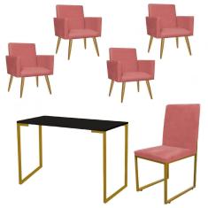 Imagem de Kit Escritório Stan 4 Poltronas com Cadeira e Mesa Industrial Tampo Preto Dourado Suede Rose Gold - Ahz Móveis