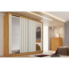 Imagem de Guarda Roupa Casal 2 Portas de Correr Ripadas c/ Espelhos e 4 Gavetas Galati Peroba/Off White - Europa