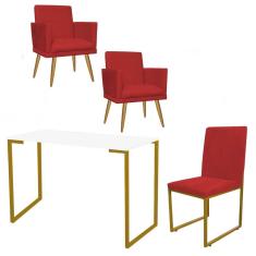 Imagem de Kit Escritório Stan 2 Poltronas Rodapé com Cadeira e Mesa Industrial Branco Dourado Tecido Sintético Vermelho - Ahz Móveis