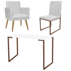 Imagem de Kit Escritório Stan Poltrona Rodapé com Cadeira e Mesa Industrial Branco Bronze Tecido Sintético Branco - Ahz Móveis