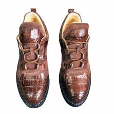 Imagem de Tênis masculino autêntico de couro de jacaré genuíno de couro de crocodilo com cadarço e cano alto, Marrom, 41