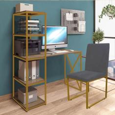 Imagem de Kit Escritório Mesa Max BeX 5 Prateleiras e Cadeira Stan Dourado Tampo Rústico Sintético Cinza - Ahz Móveis