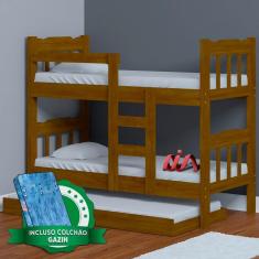 Imagem de Beliche De Madeira Com Auxiliar Imbuia Perola Nemargi Com 3 Colchões Gazin