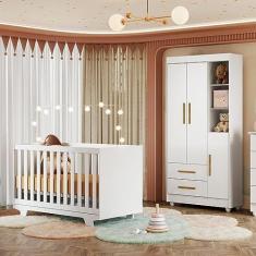 Imagem de Quarto de Bebê Guarda Roupa 3 Portas e Berço Mini Cama 100% Mdf Nina Branco