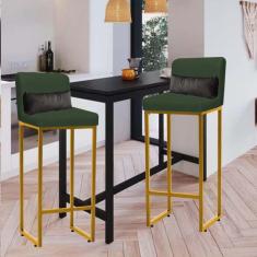 Imagem de Kit 02 Banqueta Alta com Encosto Lucca Industrial Cozinha Balcão Ferro Dourado Suede Verde e Almofada Cinza - Ahazzo Móveis
