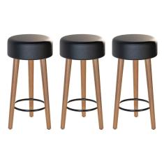 Imagem de Kit 03 Banquetas Baixa Estofada Pés De Madeira Preto