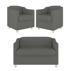 Imagem de Kit Sofá Namoradeira + 02 Poltrona Tilla Recepção Sala Suede cinza