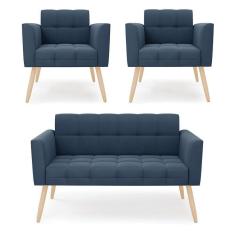 Imagem de Kit 1 Sofá Namoradeira E 2 Poltronas Elisa Suede Azul Marinho Pés Palito Natural - D`rossi