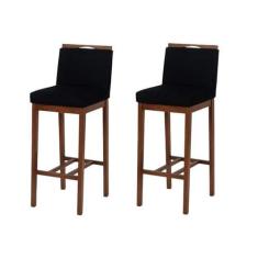 Imagem de Kit 2 Banqueta Bistrô Berlim Pé Alto em Madeira Maciça de Eucalipto Verniz Veludo marrom e preto