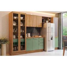 Imagem de Cozinha Modulada Completa Botanic 6 Peças (2Aéreos+1Balcão+1Cristaleira+1Paneleiro+1Complemento) M661 Nogueira/Verde Oliva - Kappesberg