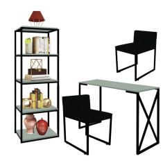 Imagem de Kit Escritório Bex 2 Cadeiras Suede Preto com 1 Mesa e 1 Livreiro Ferro Preto MDF Verde Oliva - Ahazzo Móveis