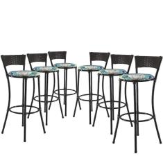 Imagem de Kit Com 6 Banquetas Altas Forts Fibra Uv Bancada, área Goumert, Bar, Piscina, Balcão, Floral Azul