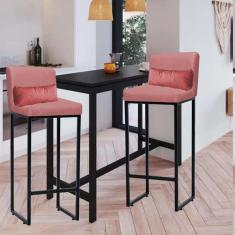 Imagem de Kit 02 Banqueta Alta com Encosto Lucca Industrial Cozinha Balcão Ferro Preto Suede Rose Gold e Almofada Rose Gold - Ahazzo Móveis