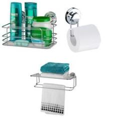 Imagem de Kit Porta Shampoo + Porta Papel Higiênico + Toalheiro 45Cm Com Prateleira Ventosa