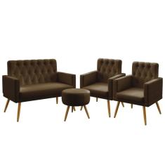 Imagem de Kit Poltrona Namoradeira e 2 Poltronas Decorativas Estofada Nina Com Rodapé E Capitonê Puff Solar Sued Marrom Aradecor