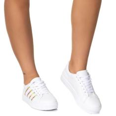 Imagem de Tenis Casual Listras Feminino Branco Dourado Estilo Shoes
